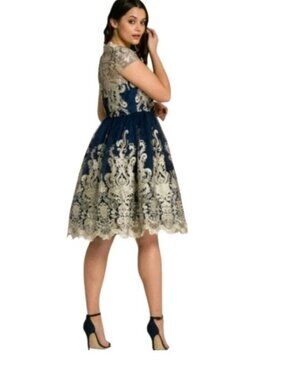 Chi Chi London Dress Embroidered Lace Wedding Fitted Evening 12 Blue And Gold